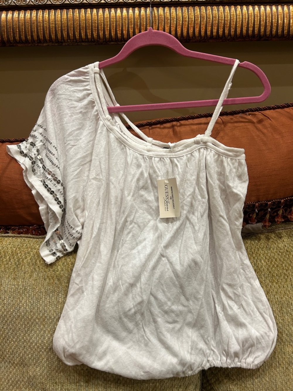 Guess White One-Shoulder Women's Top with Embellished Sleeve-M-NWT